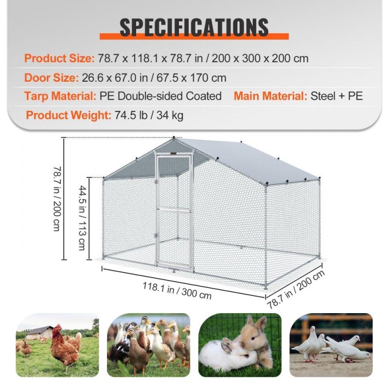 Metal Chicken Coop | Large Metal Chicken Coop with Run, Walkin Chicken Coop for Yard with Waterproof Cover, 6.6 x 9.8 x 6.6 ft, Peaked Roof Large Poultry Cage for Hen House, Duck Coop and Rabbit Run, Silver Agriculture & Forestry Equipment Livestock & Poultry Supplies