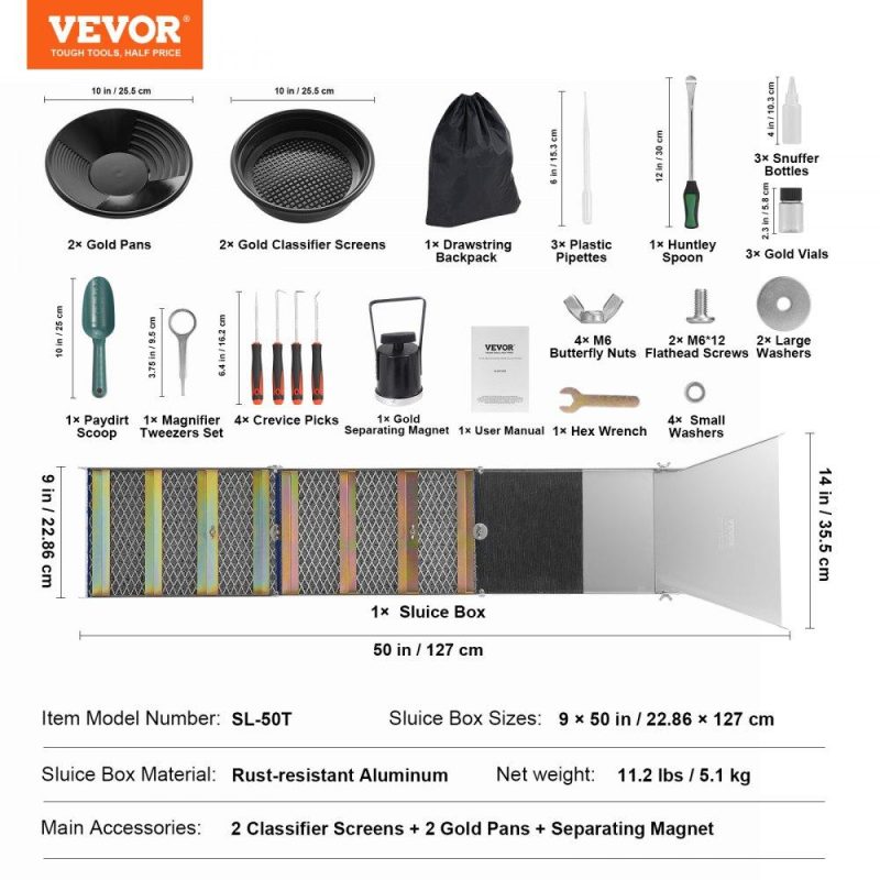 Outdoor Hand Tools | 50 Inch Folding Sluice Box Gold Panning Kit, 23pc Gold Prospecting Equipment Kit with Gold Pan, Classifier Screen, Separating Magnet, Backpack and More Lawn & Garden Outdoor Hand Tools