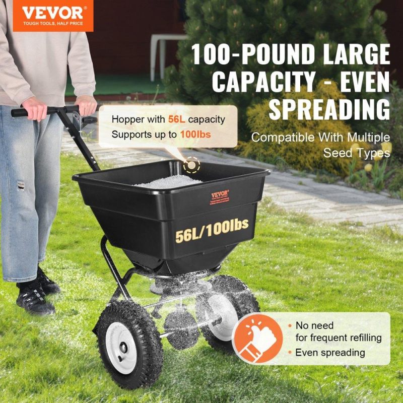 Outdoor Hand Tools | Broadcast Spreader, 100 LB Walk-Behind Turf Spreader with 12″ Wheels, Steel Push Fertilizer Spreader, Garden Seeder, and Salt Spreader, Designed for Residential, Farm, and Tough Terrain, Black Lawn & Garden Outdoor Hand Tools