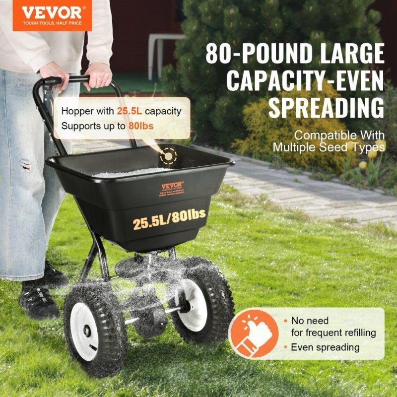 Outdoor Hand Tools | Broadcast Spreader, 80 LB Walk-Behind Turf Spreader with 12″ Wheels, Steel Push Fertilizer Spreader, Garden Seeder, and Salt Spreader, Designed for Residential, Farm, and Tough Terrain, Black Lawn & Garden Outdoor Hand Tools