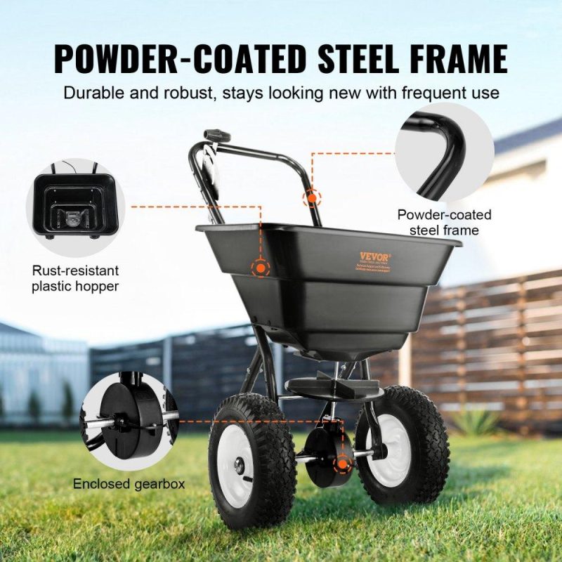 Outdoor Hand Tools | Broadcast Spreader, 80 LB Walk-Behind Turf Spreader with 12″ Wheels, Steel Push Fertilizer Spreader, Garden Seeder, and Salt Spreader, Designed for Residential, Farm, and Tough Terrain, Black Lawn & Garden Outdoor Hand Tools