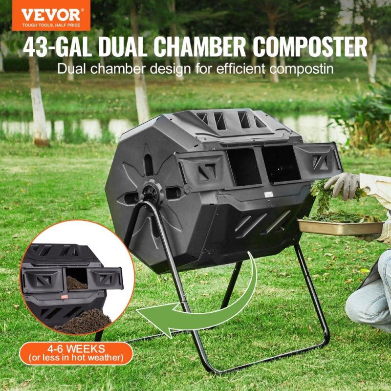 Outdoor Hand Tools | Compost Bin, 43-Gal Dual Chamber Composting Tumbler, Large Tumbling Rotating Composter with 2 Sliding Doors and Steel Frame, BPA Free Composter Bin Tumbler for Garden, Kitchen, Yard, Outdoor Lawn & Garden Outdoor Hand Tools