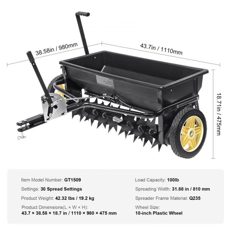 Outdoor Hand Tools | Seed Spreader, 100 LB Capacity, Towable Poly Drop Design with 10″ Wheels, Durable Steel Spike Aerator, for Efficient Fertilizing, Seeding, and Salt Distribution, Ideal for Home, Farm Use, Rug Lawn & Garden Outdoor Hand Tools