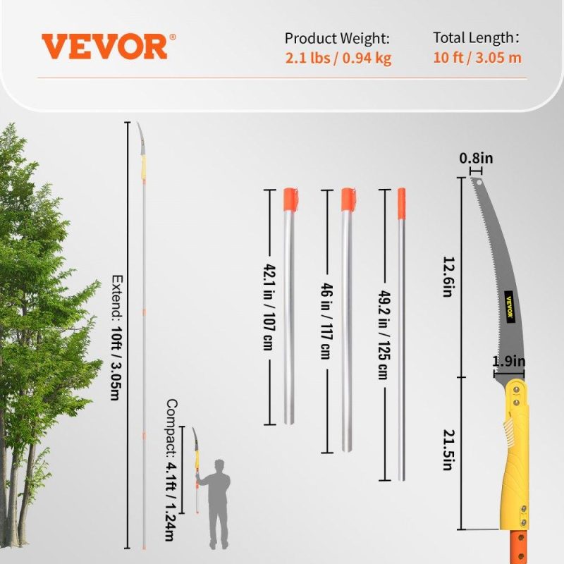 Outdoor Hand Tools | Tree Pruner Pole Saw 10 ft Extendable Aluminum Pole Sharp Steel Blade Lawn & Garden Outdoor Hand Tools