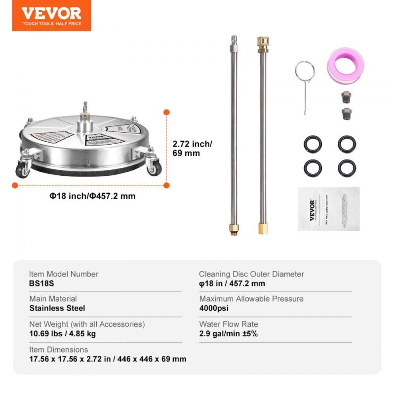 Outdoor Power Equipment | 18″ Pressure Washer Surface Cleaner w/ Wheels, Stainless Steel Concrete Cleaner 4000 Max PSI , 1/4″ Quick-Connect Connector w/ 2 Extension Wand, Heavy Duty Power Washer For Floor Driveway, Patio Lawn & Garden Outdoor Power Equipment