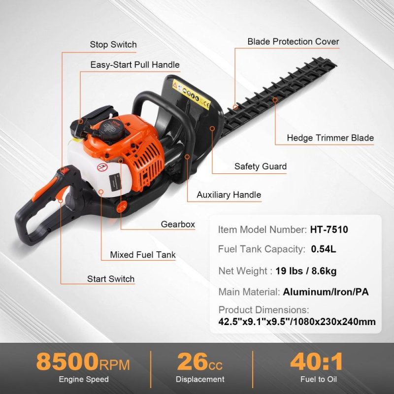 Outdoor Power Equipment | 23.2-inch 26CC 2 Cycle Gas Hedge Trimmer, Gas Powered Handheld Hedge Trimmer with Dual Sided Dual Action Blade, 180° Adjustable Trimmer Head, Suitable for Trimming Shrubs, Low Bushes Lawn & Garden Outdoor Power Equipment