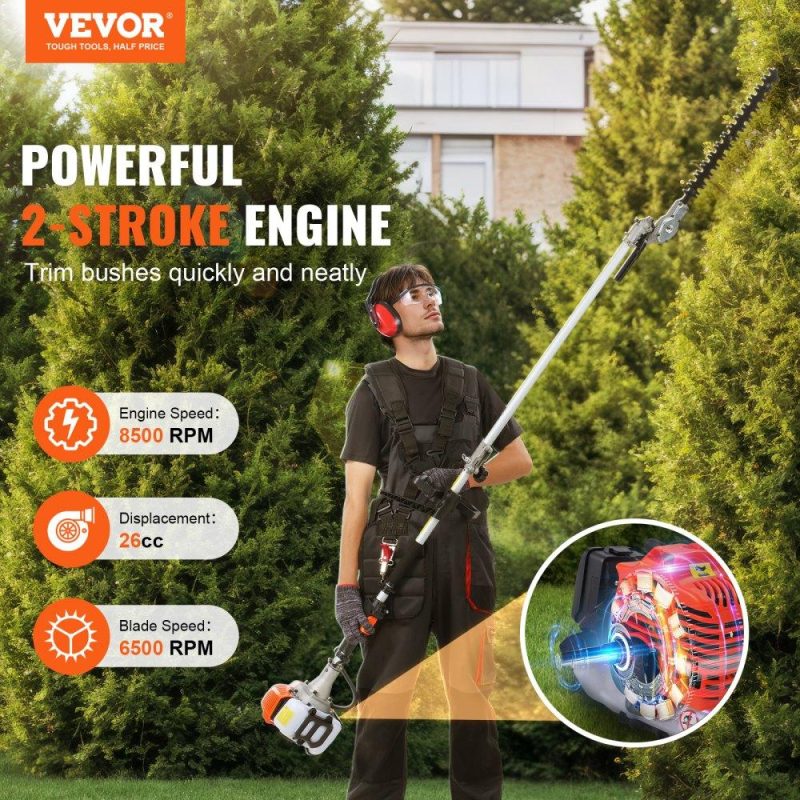 Outdoor Power Equipment | 26CC 6-in-1 Multi-Functional Trimming Tools, Gas Hedge Trimmer, Weed Eater, String Trimmer, Brush Cutter, Edger, Pole Saw Chainsaw Pruner with Extension Pole Lawn & Garden Outdoor Power Equipment