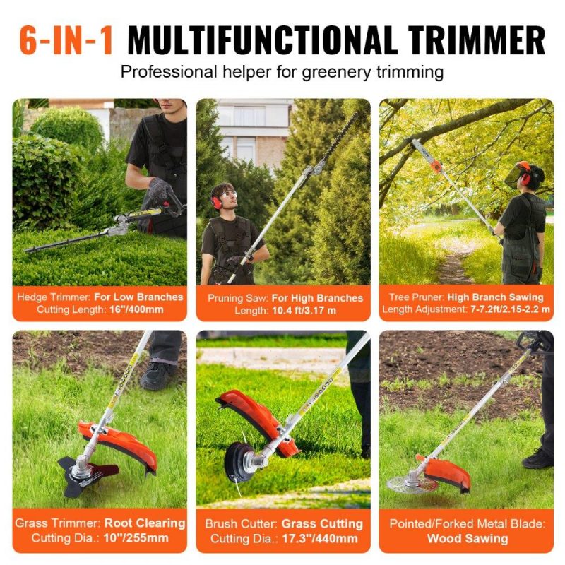 Outdoor Power Equipment | 43CC 6-in-1 Multi-Functional Trimming Tools, Gas Hedge Trimmer, Weed Eater, String Trimmer, Brush Cutter, Edger, Pole Saw Chainsaw Pruner with Extension Pole Lawn & Garden Outdoor Power Equipment