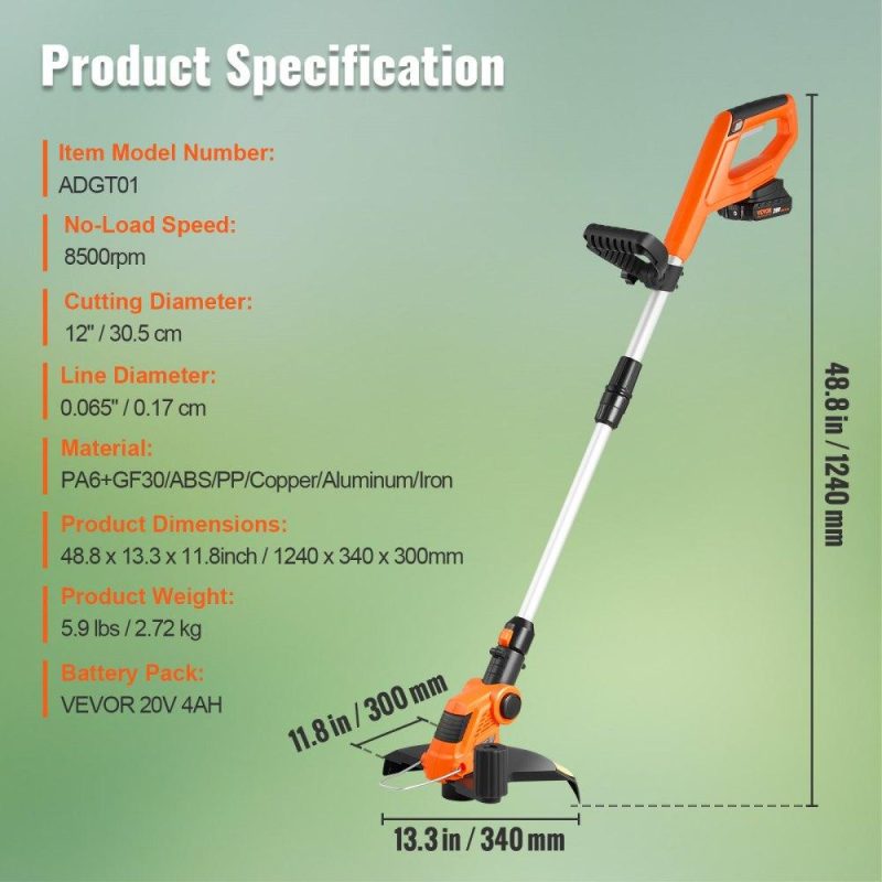 Outdoor Power Equipment | Cordless String Trimmer, 12″ 20 V Battery Powered Weed Eater With Auto Feed, 3 Spools, Battery and Charger Included, Cordless Weed Wacker for Trimming and Edging, for Lawns, Orchards, Driveways Lawn & Garden Outdoor Power Equipment