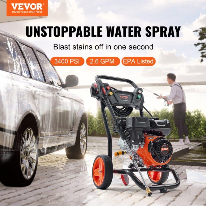 Outdoor Power Equipment | Gas Pressure Washer, 3400 PSI 2.6 GPM, Gas Powered Pressure Washer with Aluminum Pump, Spray Gun and Extension Wand, 5 Quick Connect Nozzles, for Cleaning Cars, Homes, Driveways, Patios Lawn & Garden Outdoor Power Equipment