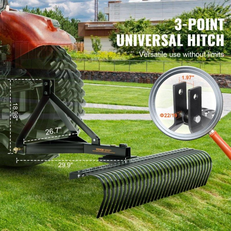 Outdoor Power Equipment | Pull-Behind Thatch Remover, 60″ Width, Equipped with 32 Durable Steel Prongs, Tractor-Compatible 3-Point Hitch Garden Rake, Ideal for Soil Preparation and Grass Maintenance Lawn & Garden Outdoor Power Equipment