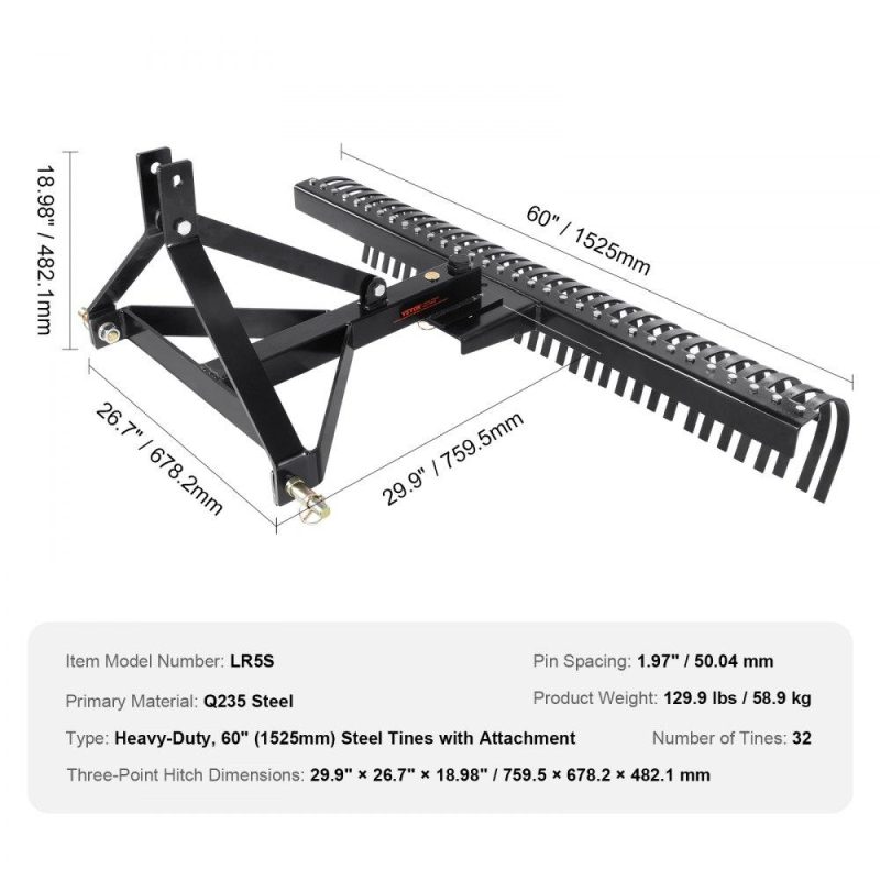 Outdoor Power Equipment | Pull-Behind Thatch Remover, 60″ Width, Equipped with 32 Durable Steel Prongs, Tractor-Compatible 3-Point Hitch Garden Rake, Ideal for Soil Preparation and Grass Maintenance Lawn & Garden Outdoor Power Equipment