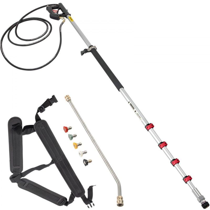 Outdoor Power Equipment | Telescoping Pressure Washer Wand, 20 ft 5-Section Length Adjustable, Max. 4000 PSI Fit for 3/8” Quick Connection, 5 Spray Nozzles, Belt, for Roof, Fence, Gutter, Silver Lawn & Garden Outdoor Power Equipment