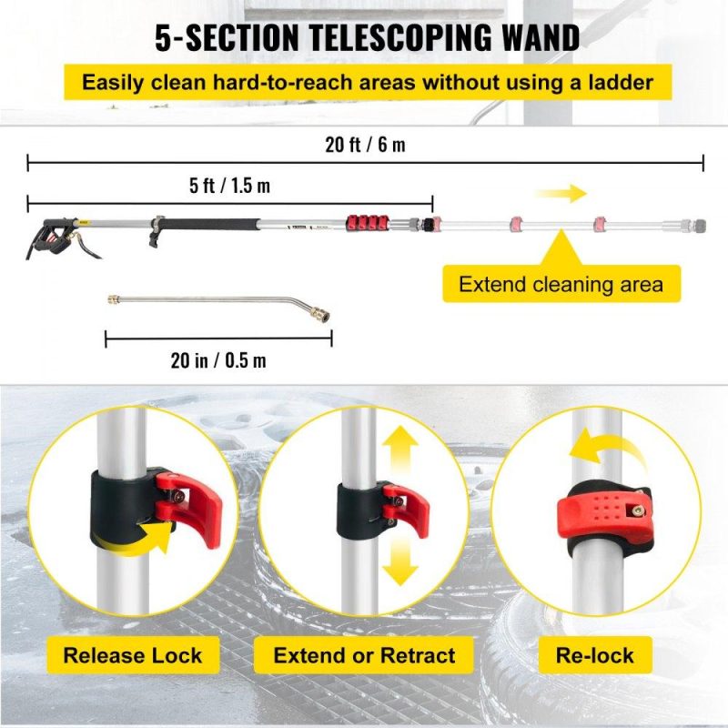 Outdoor Power Equipment | Telescoping Pressure Washer Wand, 20 ft 5-Section Length Adjustable, Max. 4000 PSI Fit for 3/8” Quick Connection, 5 Spray Nozzles, Belt, for Roof, Fence, Gutter, Silver Lawn & Garden Outdoor Power Equipment