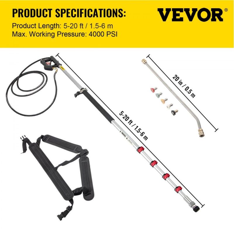 Outdoor Power Equipment | Telescoping Pressure Washer Wand, 20 ft 5-Section Length Adjustable, Max. 4000 PSI Fit for 3/8” Quick Connection, 5 Spray Nozzles, Belt, for Roof, Fence, Gutter, Silver Lawn & Garden Outdoor Power Equipment