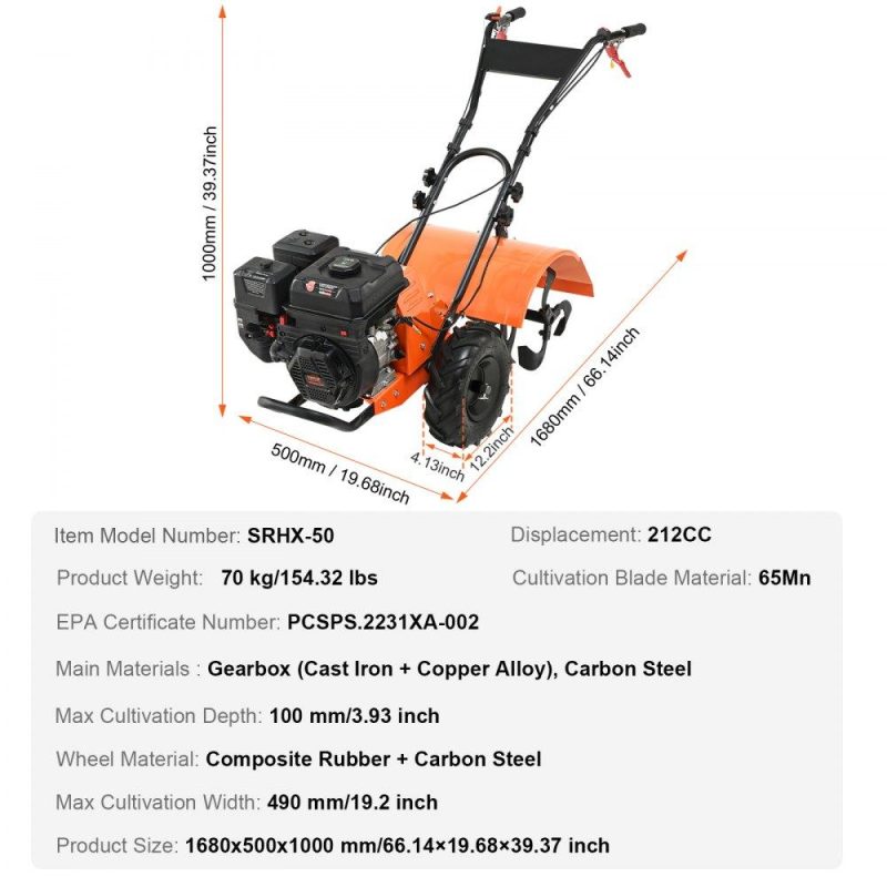 Outdoor Power Equipment | Tiller Cultivator, 212CC 4-Stroke Garden Cultivator, Tiller with 4 Steel Adjustable Rear Tines for Lawn, Garden and Field Soil Cultivation Lawn & Garden Outdoor Power Equipment