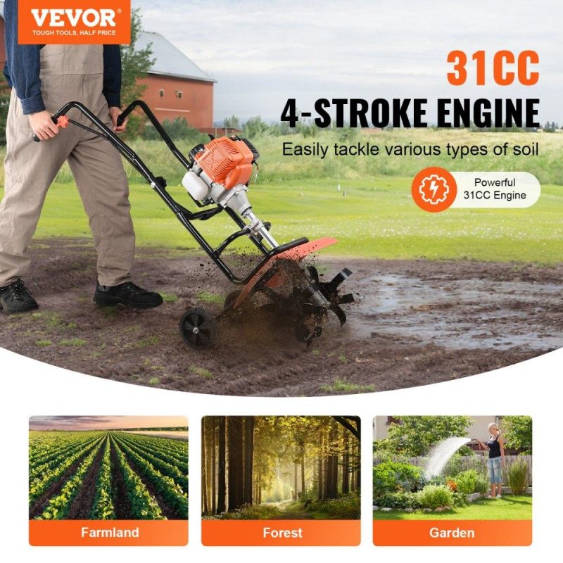 Outdoor Power Equipment | Tiller Cultivator, 31CC 4-Stroke Garden Cultivator, Tiller with 4 Steel Adjustable Front Tines for Lawn, Garden and Field Cultivation Lawn & Garden Outdoor Power Equipment