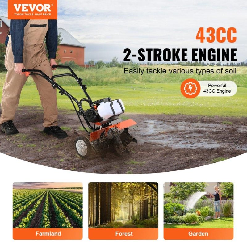 Outdoor Power Equipment | Tiller Cultivator, 43CC 2-Stroke Garden Cultivator, Tiller with 4 Steel Adjustable Front Tines for Lawn, Garden and Field Cultivation Lawn & Garden Outdoor Power Equipment