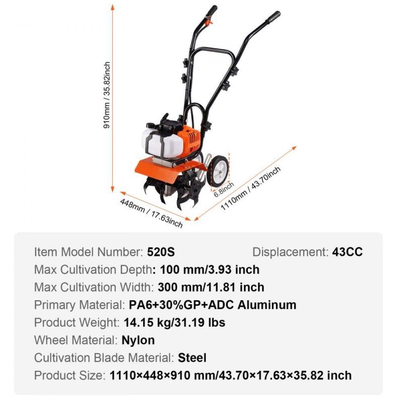 Outdoor Power Equipment | Tiller Cultivator, 43CC 2-Stroke Garden Cultivator, Tiller with 4 Steel Adjustable Front Tines for Lawn, Garden and Field Cultivation Lawn & Garden Outdoor Power Equipment