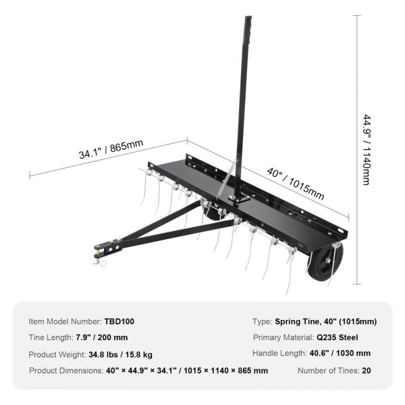 Outdoor Power Equipment | Tow Behind Dethatcher, 40-inch Tow Dethatcher with 20 Spring Steel Tines, Lawn Dethatcher Rake for ATV or Mower, Tow Behind Lawn Rake with Lift Handle for Garden Farm Grass Lawn & Garden Outdoor Power Equipment