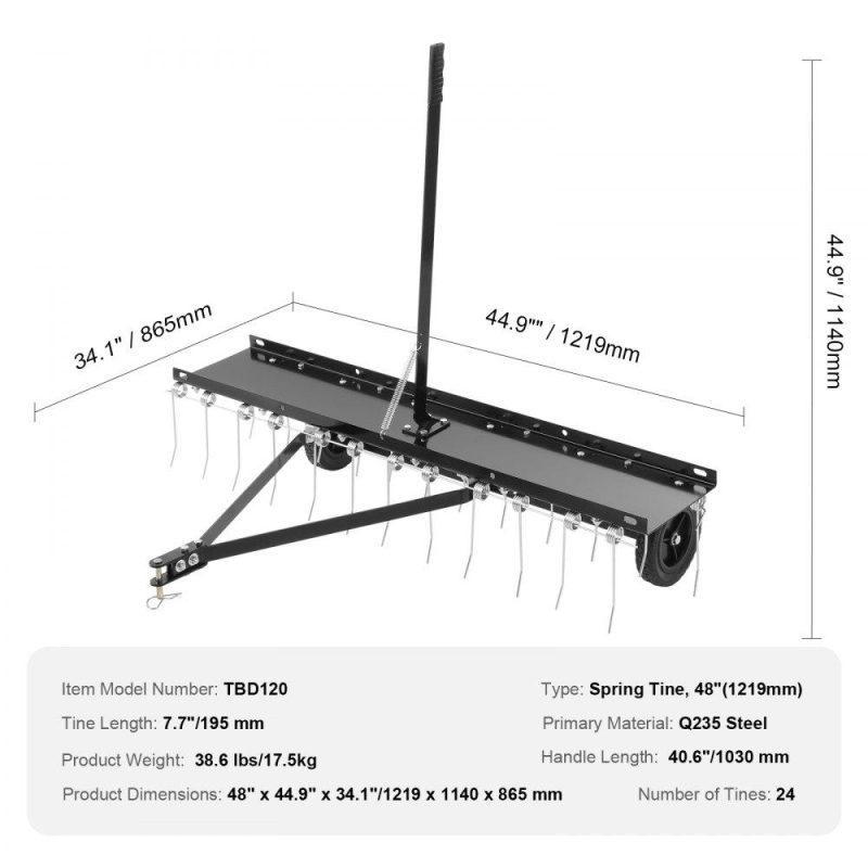 Outdoor Power Equipment | Tow Behind Dethatcher, 48-inch Tow Dethatcher with 24 Spring Steel Tines, Lawn Dethatcher Rake for ATV or Mower, Tow Behind Lawn Rake with Lift Handle for Garden Farm Grass Lawn & Garden Outdoor Power Equipment