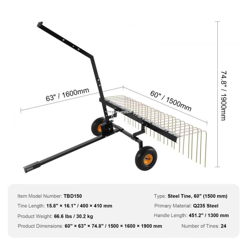 Outdoor Power Equipment | Tow Behind Dethatcher, 60-inch Tow Dethatcher with 24 Steel Tines, Lawn Dethatcher Rake for ATV or Mower, Tow Behind Lawn Rake with Lift Handle for Leaves, Pine Needles, and Grass Lawn & Garden Outdoor Power Equipment