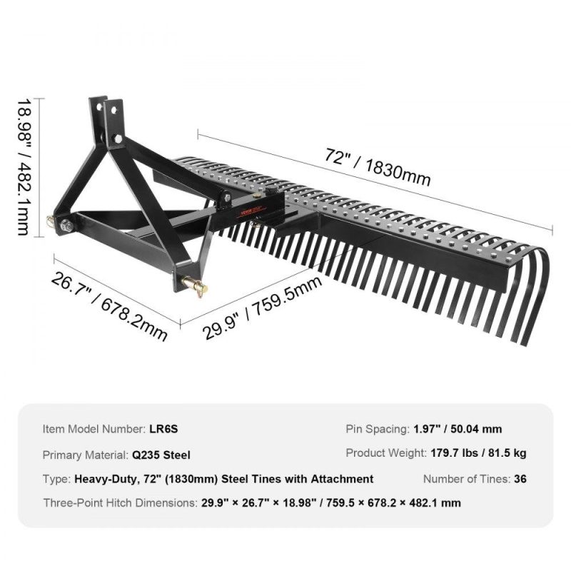 Outdoor Power Equipment | Tow Behind Dethatcher, 72-inch Tow Dethatcher with 36 Steel Tines, 3-Point Lawn Dethatcher Rake with Attachments for Tractor, Landscape Rake for Garden, Farm, Grass Lawn & Garden Outdoor Power Equipment