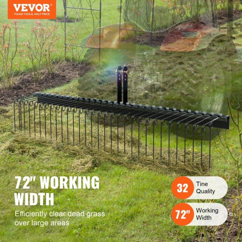 Outdoor Power Equipment | Tow Behind Landscape Rake, 72″ Tow Dethatcher with 32 Steel Tines, Lawn Dethatcher Rake Attaches to Category 1, 3 Point Hitch for Tractor, for Leaves, Pine Needles, Straw, and Grass Lawn & Garden Outdoor Power Equipment