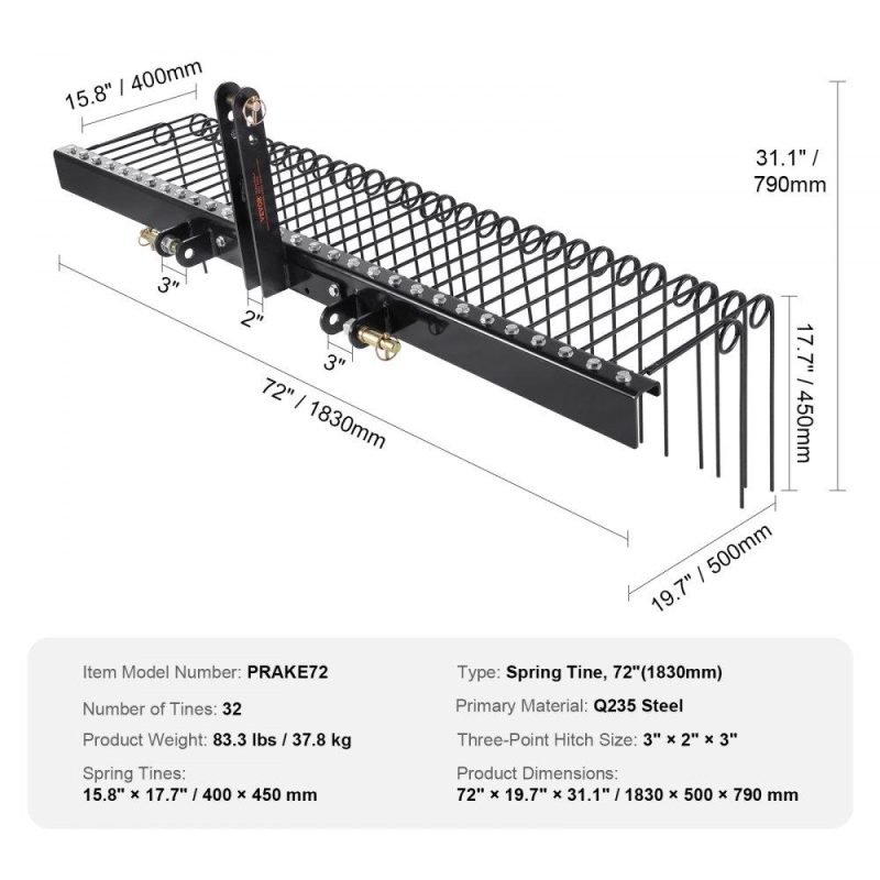 Outdoor Power Equipment | Tow Behind Landscape Rake, 72″ Tow Dethatcher with 32 Steel Tines, Lawn Dethatcher Rake Attaches to Category 1, 3 Point Hitch for Tractor, for Leaves, Pine Needles, Straw, and Grass Lawn & Garden Outdoor Power Equipment