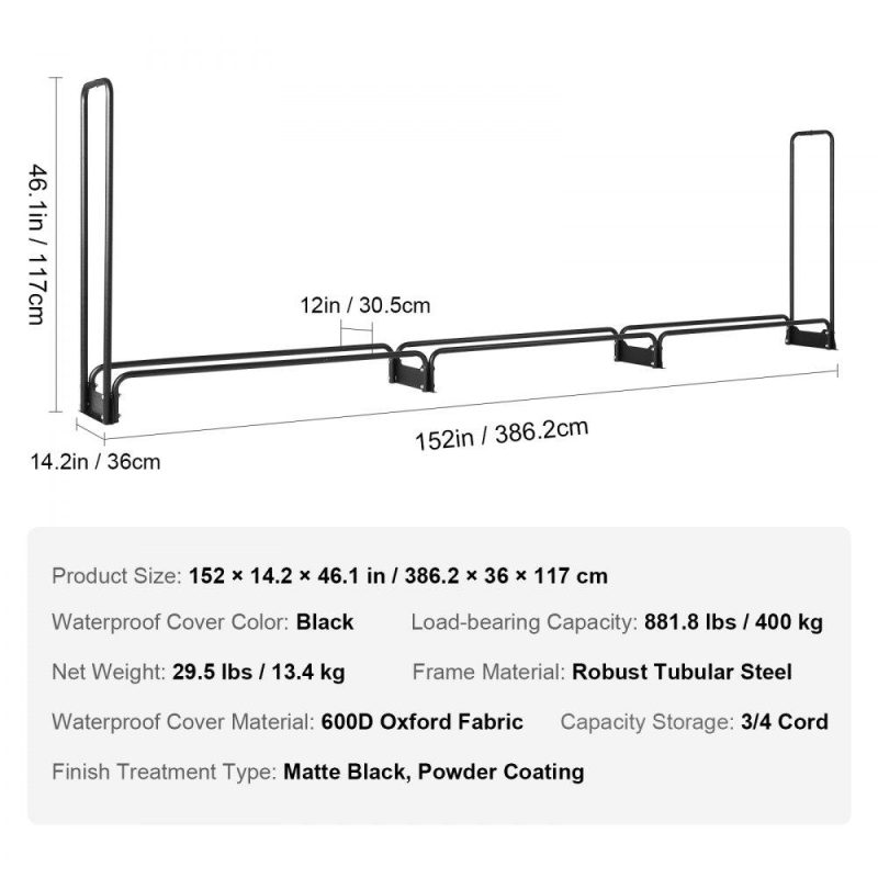 Patio Furniture & Accessories | 12.7FT Outdoor Firewood Rack with Cover, 152×14.2×46.1in,Heavy Duty Firewood Holder & 600D Oxford Waterproof Cover for Fireplace, Patio, Indoor/Outdoor Log Storage Rack for 3/4 Cord of Firewood Lawn & Garden Patio Furniture & Accessories