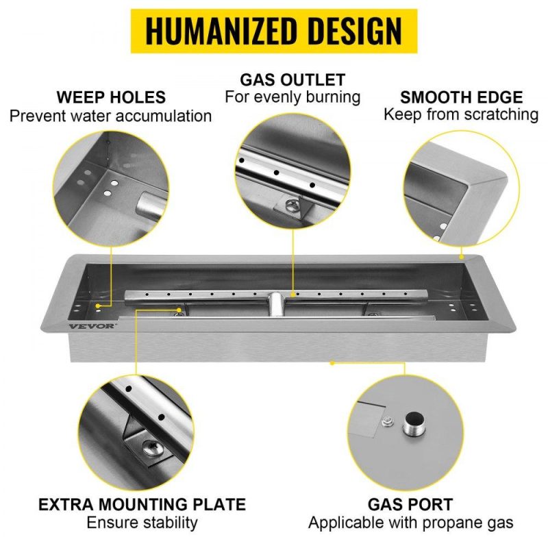 Patio Furniture & Accessories | 20×8 Inch Stainless Steel Rectangular Built-in Fire Pit Pan with H-Burner, Silver Lawn & Garden Patio Furniture & Accessories