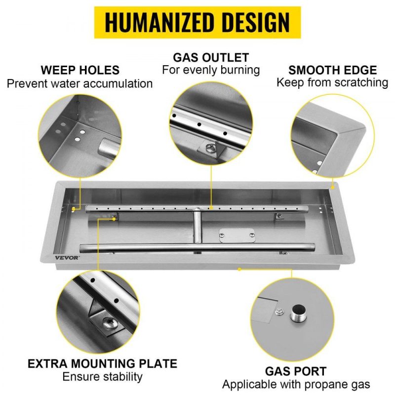 Patio Furniture & Accessories | 25.5×10 Inch Stainless Steel Rectangular Built-in Fire Pit Pan with H-Burner 90K BTU, Silver Lawn & Garden Patio Furniture & Accessories