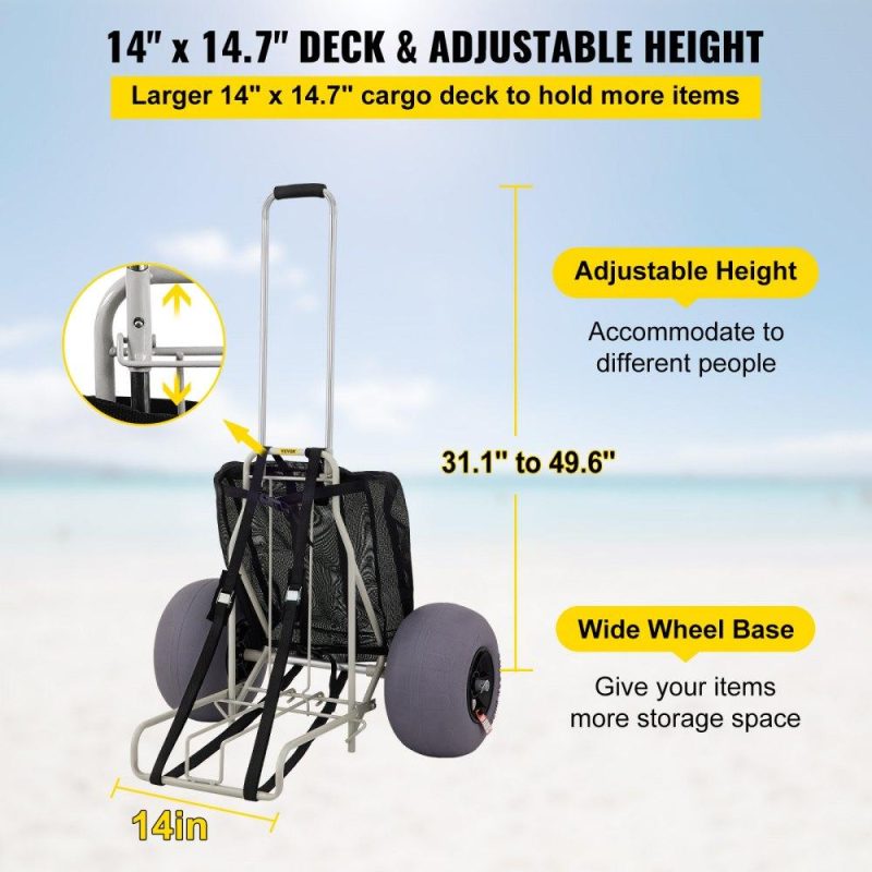 Patio Furniture & Accessories | Beach Carts for Sand, 14″ x 14.7″ Cargo Deck, w/ 13″ TPU Balloon Wheels, 165LBS Loading Capacity Folding Sand Cart & 29.5″ to 49.2″ Adjustable Height, Heavy Duty Cart for Picnic, Fishing, Beach Lawn & Garden Patio Furniture & Accessories