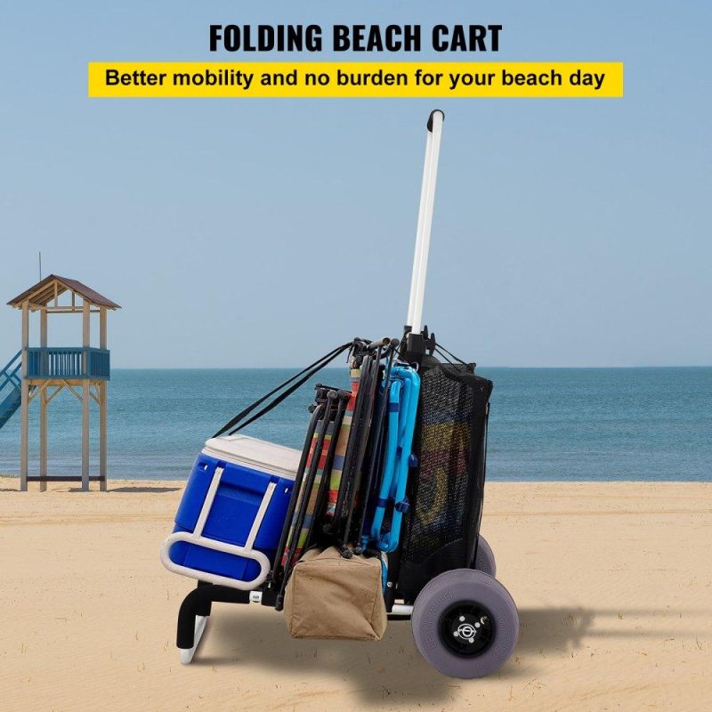 Patio Furniture & Accessories | Beach Carts for Sand, w/ 10″ PVC Balloon Wheels, 15″ x 15″ Cargo Deck, 165LBS Loading Capacity Folding Sand Cart & 31.1″ to 49.6″ Adjustable Height, Aluminum Cart for Picnic, Fishing, Beach Lawn & Garden Patio Furniture & Accessories