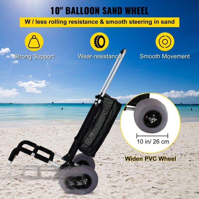 Patio Furniture & Accessories | Beach Carts for Sand, w/ 10″ PVC Balloon Wheels, 15″ x 15″ Cargo Deck, 165LBS Loading Capacity Folding Sand Cart & 31.1″ to 49.6″ Adjustable Height, Aluminum Cart for Picnic, Fishing, Beach Lawn & Garden Patio Furniture & Accessories