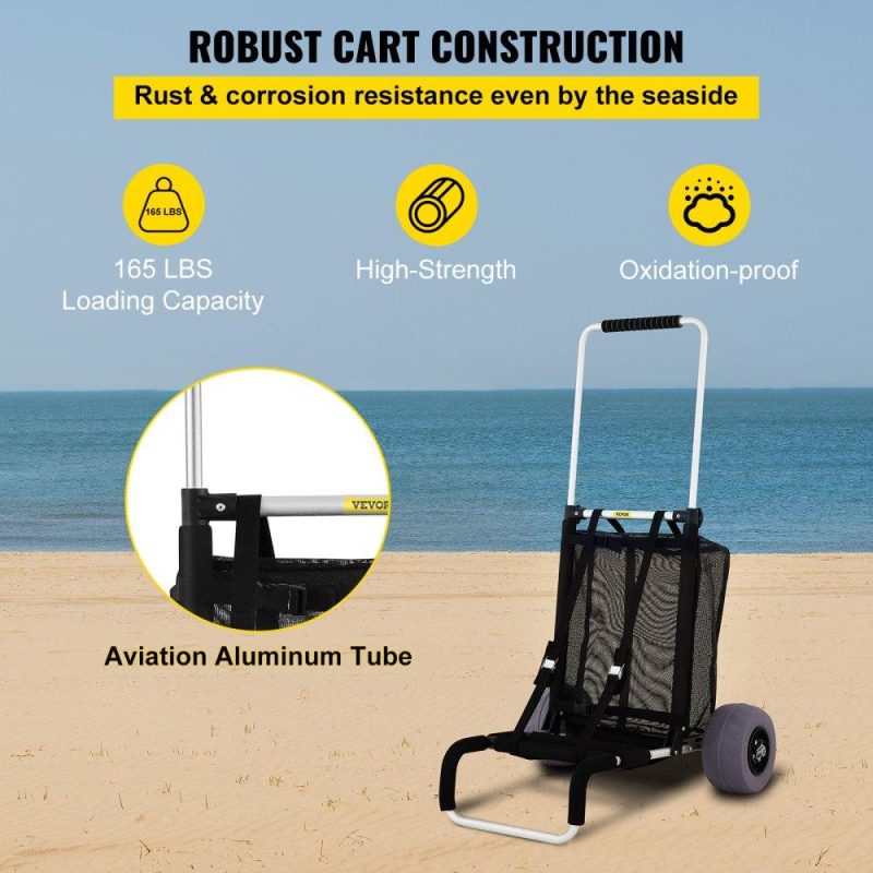 Patio Furniture & Accessories | Beach Carts for Sand, w/ 10″ PVC Balloon Wheels, 15″ x 15″ Cargo Deck, 165LBS Loading Capacity Folding Sand Cart & 31.1″ to 49.6″ Adjustable Height, Aluminum Cart for Picnic, Fishing, Beach Lawn & Garden Patio Furniture & Accessories