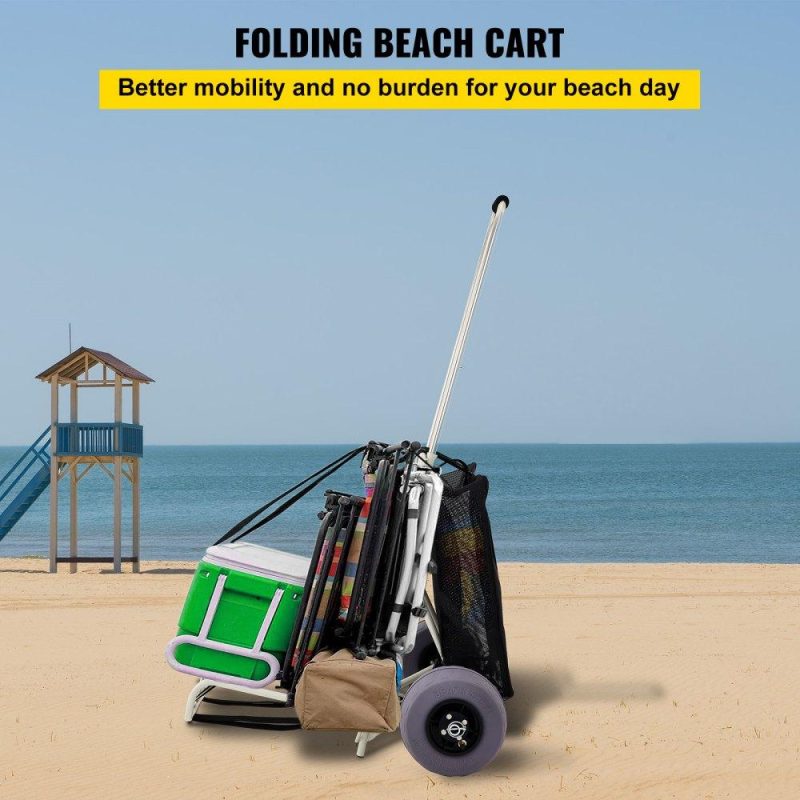 Patio Furniture & Accessories | Beach Carts for The Sand, w/ 10″ PVC Balloon Wheels, 14″ x 14.7″ Cargo Deck, 165LBS Loading Folding Sand Cart & 29.5″ to 49.2″ Adjustable Height, Heavy Duty Cart for Picnic, Fishing, Beach Lawn & Garden Patio Furniture & Accessories