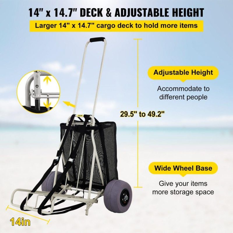 Patio Furniture & Accessories | Beach Carts for The Sand, w/ 10″ PVC Balloon Wheels, 14″ x 14.7″ Cargo Deck, 165LBS Loading Folding Sand Cart & 29.5″ to 49.2″ Adjustable Height, Heavy Duty Cart for Picnic, Fishing, Beach Lawn & Garden Patio Furniture & Accessories