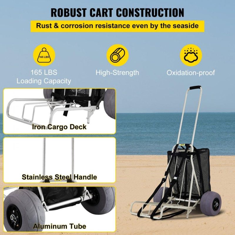 Patio Furniture & Accessories | Beach Carts for The Sand, w/ 10″ PVC Balloon Wheels, 14″ x 14.7″ Cargo Deck, 165LBS Loading Folding Sand Cart & 29.5″ to 49.2″ Adjustable Height, Heavy Duty Cart for Picnic, Fishing, Beach Lawn & Garden Patio Furniture & Accessories