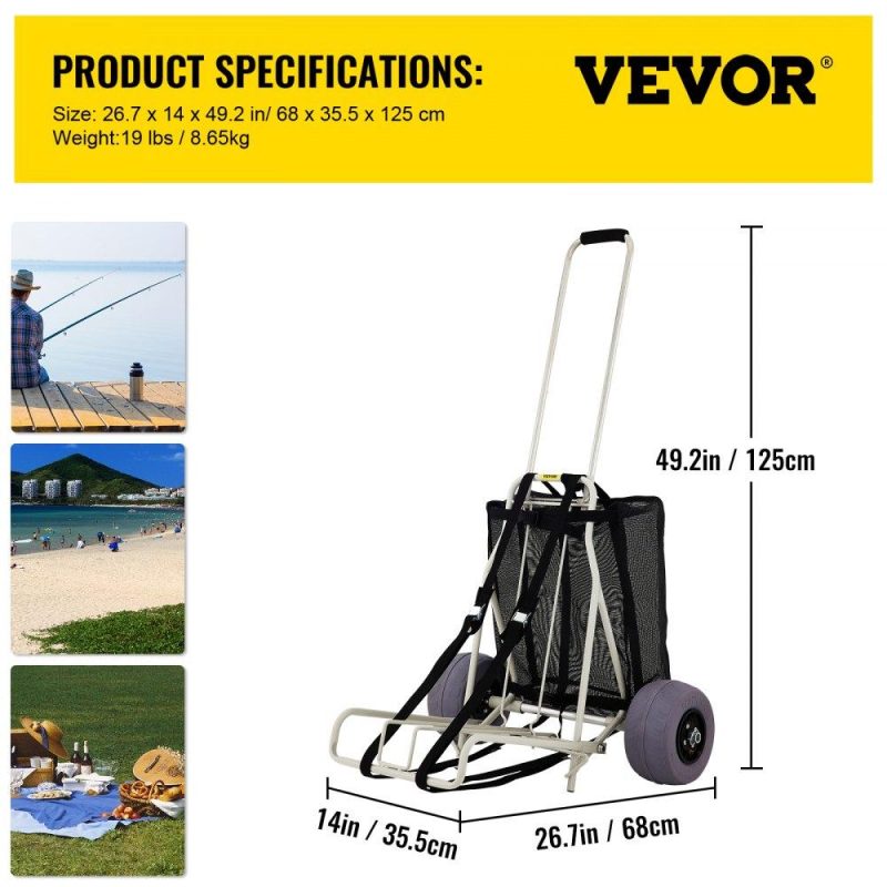 Patio Furniture & Accessories | Beach Carts for The Sand, w/ 10″ PVC Balloon Wheels, 14″ x 14.7″ Cargo Deck, 165LBS Loading Folding Sand Cart & 29.5″ to 49.2″ Adjustable Height, Heavy Duty Cart for Picnic, Fishing, Beach Lawn & Garden Patio Furniture & Accessories