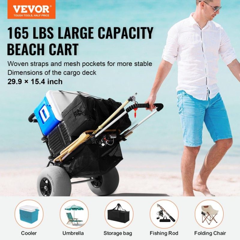 Patio Furniture & Accessories | Beach Dolly with Big Wheels for Sand, 29.9″ x 15.4″ Cargo Deck, w/ 12″ Balloon Wheels, 165LBS Loading Capacity Folding Sand Cart & 27″ to 44.7″ Adjustable Height, Heavy Duty Cart for Beach Lawn & Garden Patio Furniture & Accessories