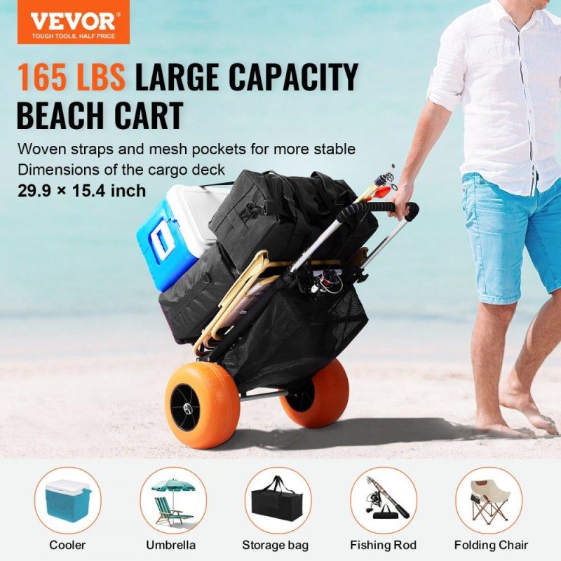 Patio Furniture & Accessories | Beach Dolly with Big Wheels for Sand, 29.9″ x 15.4″ Cargo Deck, w/ 12″ Foam Wheels, 165LBS Loading Capacity Folding Sand Cart & 27″ to 44.7″ Adjustable Height, Heavy Duty Cart for Beach Lawn & Garden Patio Furniture & Accessories