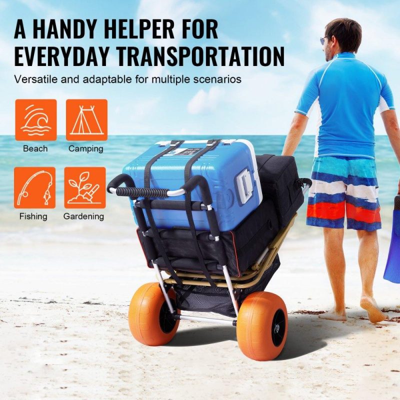 Patio Furniture & Accessories | Beach Dolly with Big Wheels for Sand, 29.9″ x 15.4″ Cargo Deck, w/ 12″ Foam Wheels, 165LBS Loading Capacity Folding Sand Cart & 27″ to 44.7″ Adjustable Height, Heavy Duty Cart for Beach Lawn & Garden Patio Furniture & Accessories