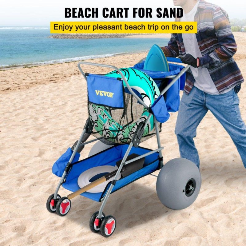 Patio Furniture & Accessories | Beach Wonder Wheeler, 12″ All-Terrain Balloon Wheels, 350 lbs Beach Cart for Sand, Beach Buggy w/ Flip Flop Holder, Storage Bag, 2 Beach Chair Holders, Blue Blue Lawn & Garden Blue