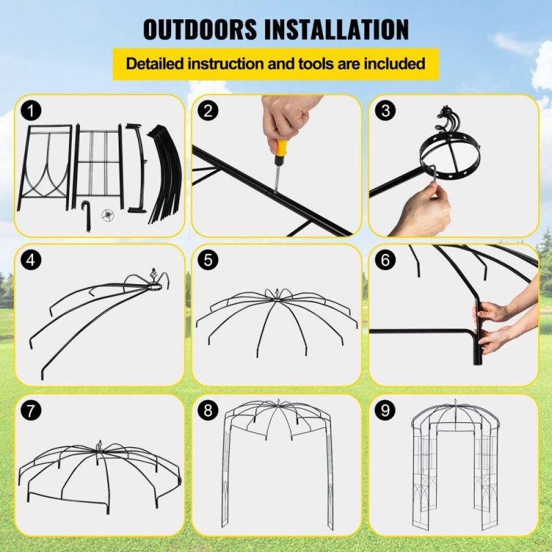 Patio Furniture & Accessories | Birdcage Shape Garden Arbor, 9′ High x 6.6′ Wide, Heavy Duty Wrought Iron Arbor, Wedding Arch Trellis for Climbing Vines in Outdoor Garden, Lawn, Backyard, Patio, Black Black Lawn & Garden Black