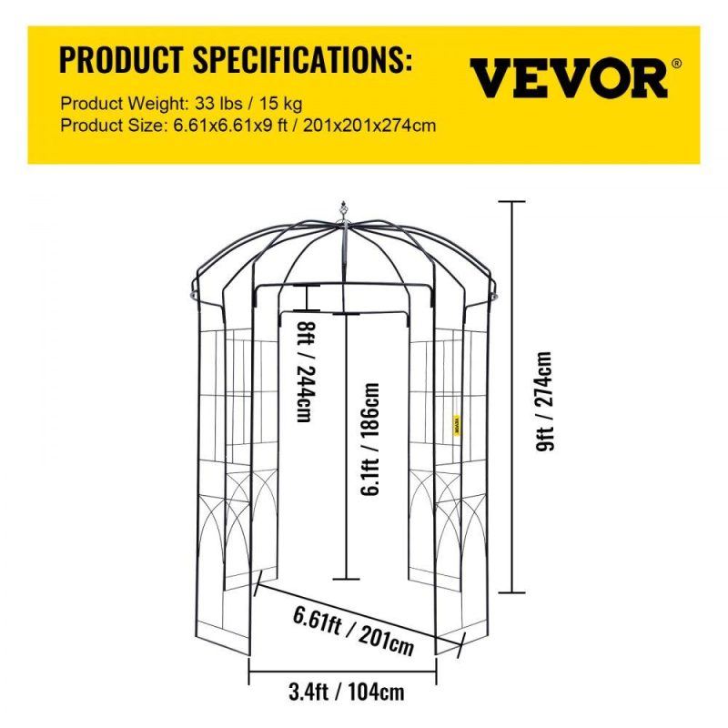 Patio Furniture & Accessories | Birdcage Shape Garden Arbor, 9′ High x 6.6′ Wide, Heavy Duty Wrought Iron Arbor, Wedding Arch Trellis for Climbing Vines in Outdoor Garden, Lawn, Backyard, Patio, Black Black Lawn & Garden Black