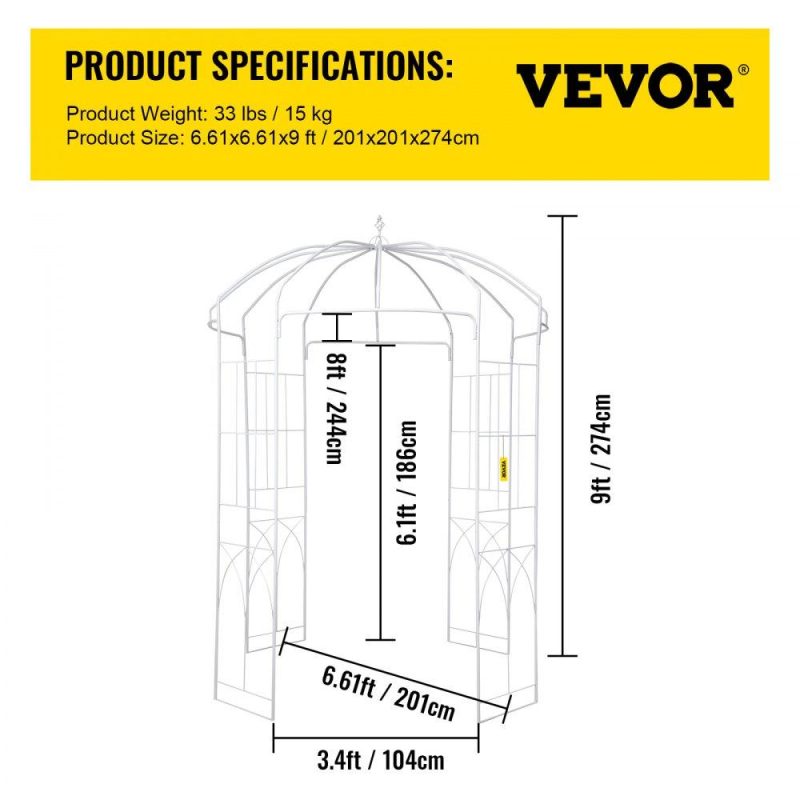 Patio Furniture & Accessories | Birdcage Shape Garden Arbor, 9′ High x 6.6′ Wide, Heavy Duty Wrought Iron Arbor, Wedding Arch Trellis for Climbing Vines in Outdoor Garden, Lawn, Backyard, Patio, White White Lawn & Garden Patio Furniture & Accessories