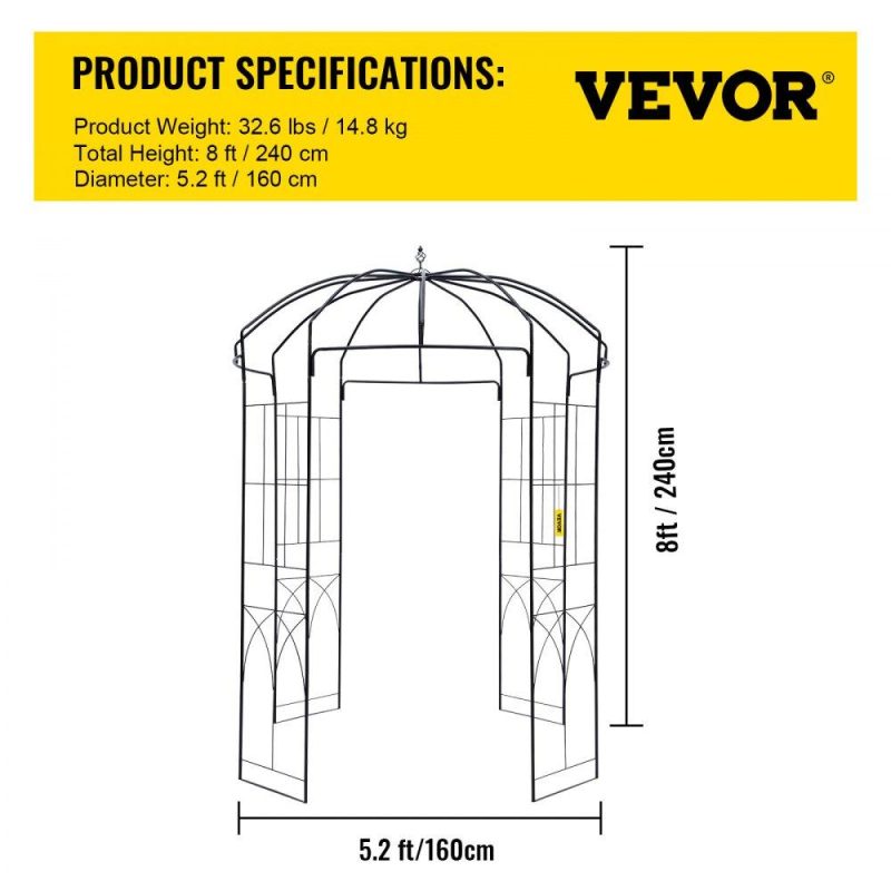 Patio Furniture & Accessories | Birdcage Shape Garden Arbor,8′ High x 5.2′ Wide, Heavy Duty Wrought Iron Arbor, Wedding Arch Trellis for Climbing Vines in Outdoor Garden, Lawn, Backyard, Patio, Black Black Lawn & Garden Black