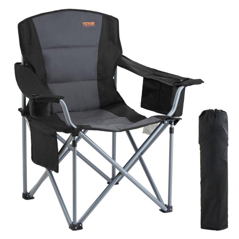 Patio Furniture & Accessories | Camping Folding Chair for Adults, Portable Heavy Duty Outdoor Quad Lumbar Back Padded Arm Chairs with Side Pockets, Cup Holder and Cooler Bag for Beach, Lawn, Picnic, Fishing, Backpacking, Black Lawn & Garden Patio Furniture & Accessories