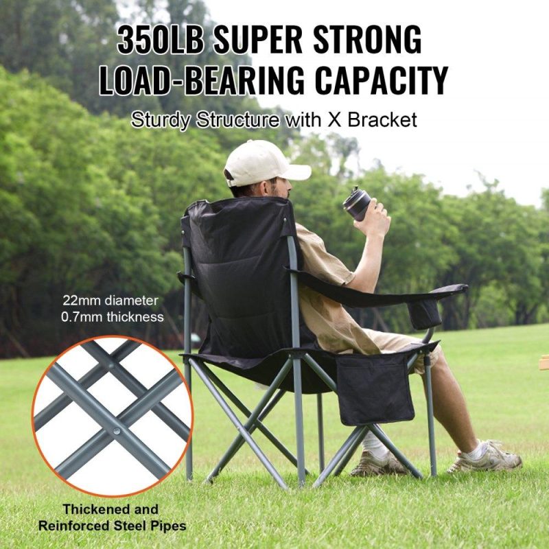 Patio Furniture & Accessories | Camping Folding Chair for Adults, Portable Heavy Duty Outdoor Quad Lumbar Back Padded Arm Chairs with Side Pockets, Cup Holder and Cooler Bag for Beach, Lawn, Picnic, Fishing, Backpacking, Black Lawn & Garden Patio Furniture & Accessories